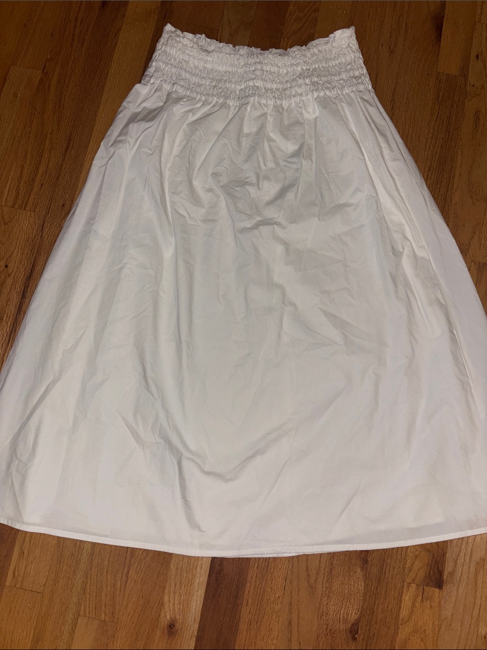 White Smocked Waist A-Line Midi Skirt